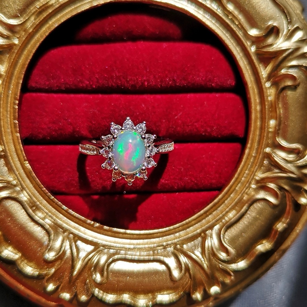Elegant Nature Opal and Diamond Silver Ring
